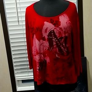 Red floral shirt long sleeves.